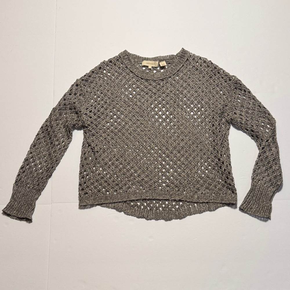 INHABIT 100% Linen Open Knit Fishnet Mesh Gray Pullover Oversized Sweater Boho S